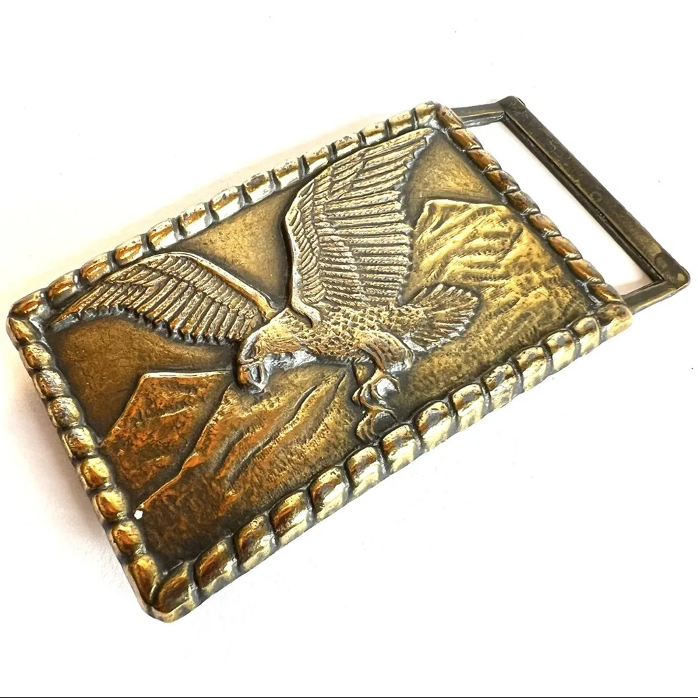 Vintage Belt Buckle Brass Bald Golden Eagle Raptor Changeable Freedom Mountains